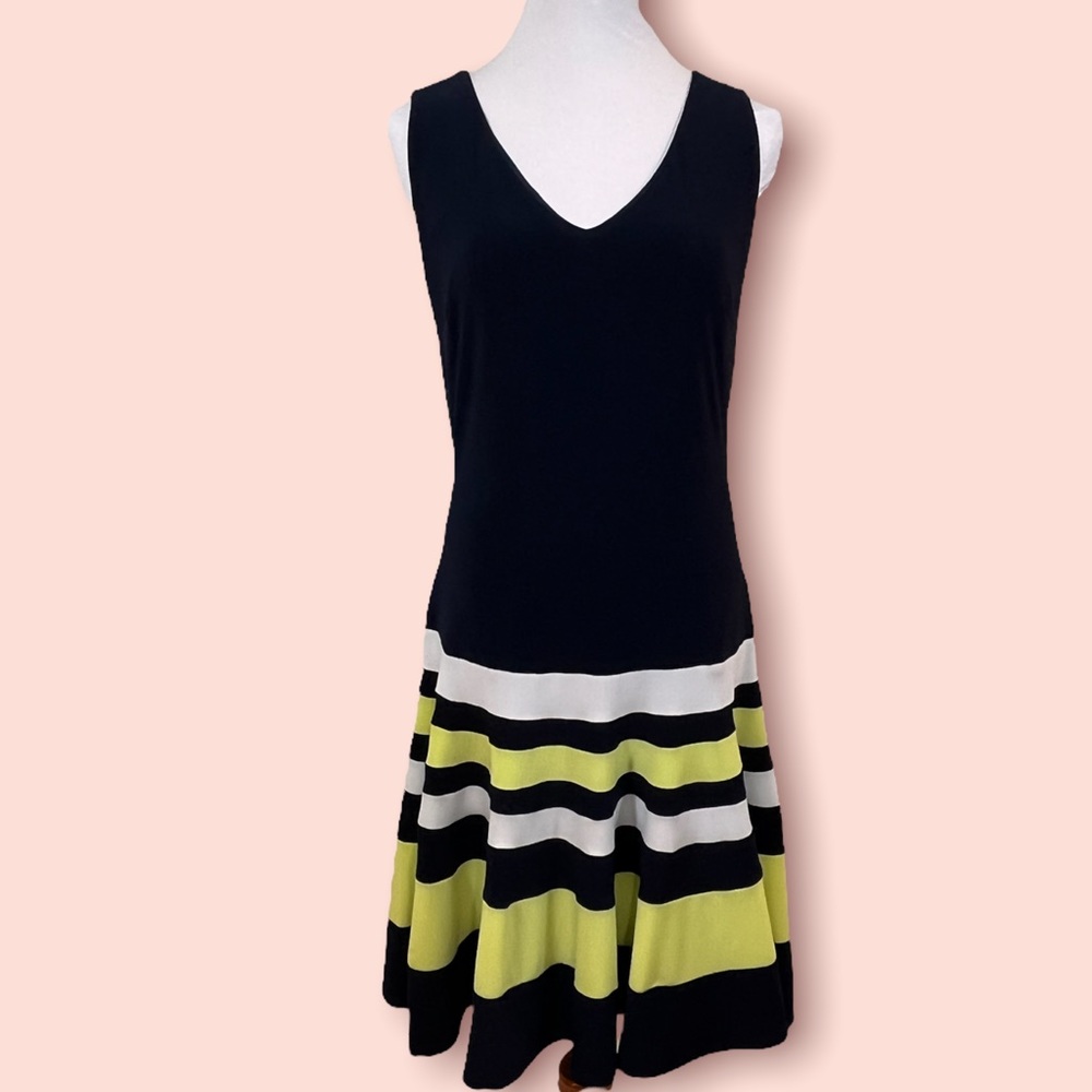 Joseph Ribkoff Sleeveless Navy A-line Dress with Limony and White Stripe…